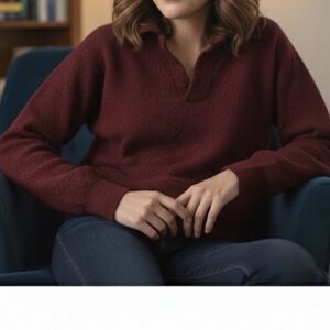 Vintage 80s Size XL Wool Knit Sweater Maroon Vneck Collar Sweater